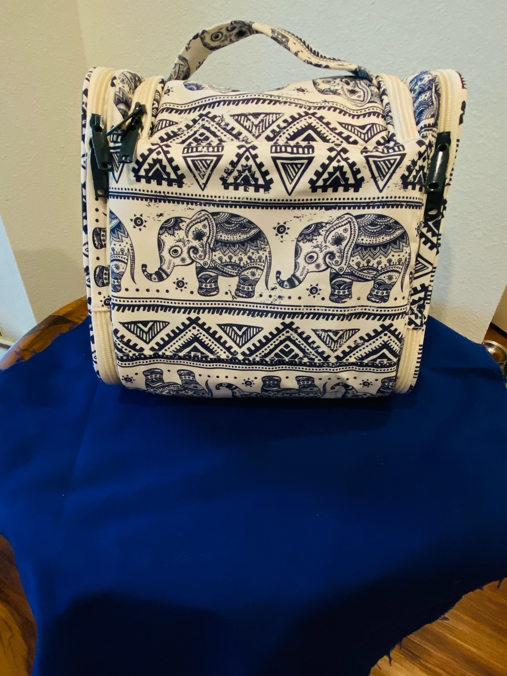 LARGE Elephant Pattern Travel Cosmetic Bag - Navy on Cream